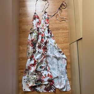 PrettyLittleThing Red and Green Plunge Maxi Sundress